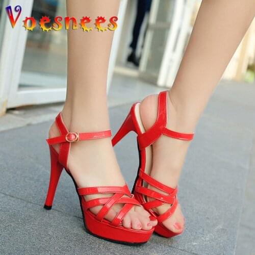 2019 New Sexy Slim-heeled Beach Sandals 11cm high-heeled Waterproof Exhibition Model Walk Show Nightclub Shoe Stripper Heels