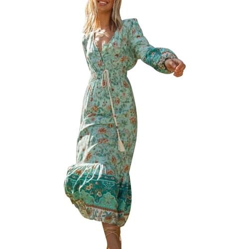 Women V Neck Floral Print Boho Ruffle Long Dresses Female Fashion High Waist Long Sleeve Autumn Spring Party Beach Dresses