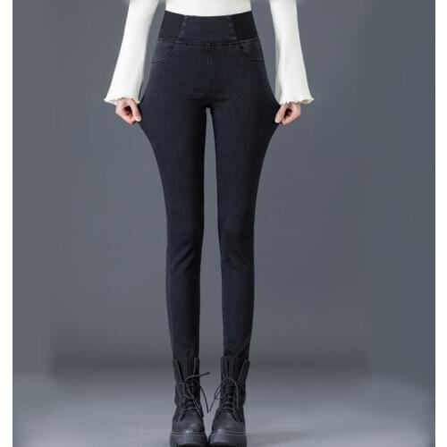 Women Jeans Autumn Winter Full High Length Elastic Waist Skinny Pencil Pants Plush Jeans Slim simple High Elasticity Jeans