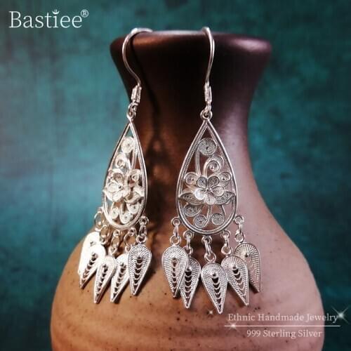 Bastiee 999 Sterling Silver Tassel Earings For Women Luxury Jewelry Earrings Ethnic Handmade boucle d’oreille bijoux femme