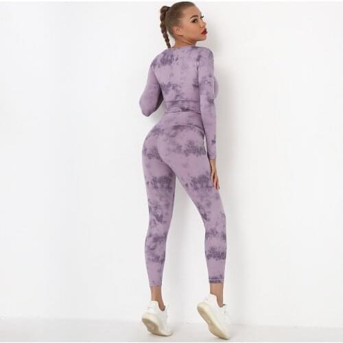 Women Sports Set Tie Dyed Yoga Suit Exercise Long Sleeve Shirts Waist Pants Fitness Exercise Leggings Two Piece Active Wear