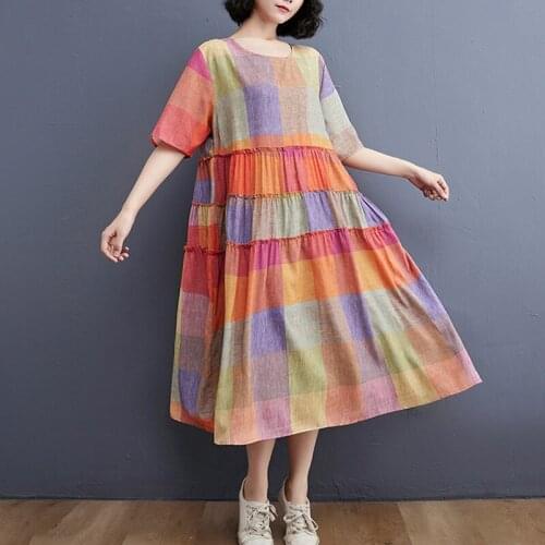 Large Size Summer Dress 2021 Casual Loose Lady Long Dress Vestido Oversize Beach Print Plaid Cotton Dress Women Sundress 4XL 5XL