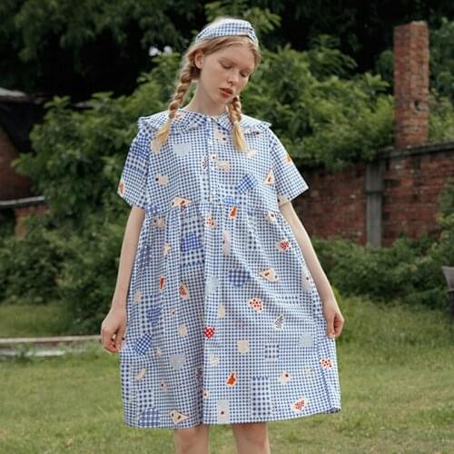 New Design Women Summer Chiffon Dress Peter Pan Collar Short Sleeve Sweet Cute Cartoon Print Loose Dresses Knee Length