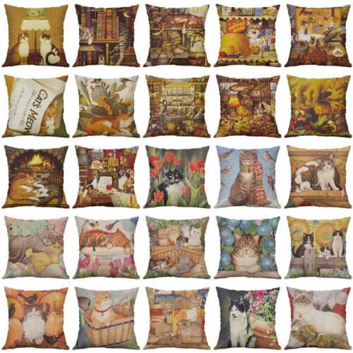18" Vintage Cat Cotton Linen Pillow Case Throw Cushion Cover Home Decor