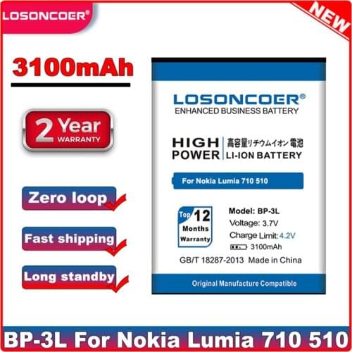 LOSONCOER 3100mAh BP-3L BP3L Cell Phone Battery for NOKIA Lumia 710 610 303 3030 510 603 610C battery