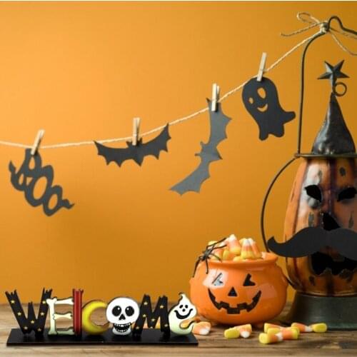 Halloween Element Letters Wooden Desktop Ornaments Creative Decor for Home Indoor Festival Party Desktop Decoration Art