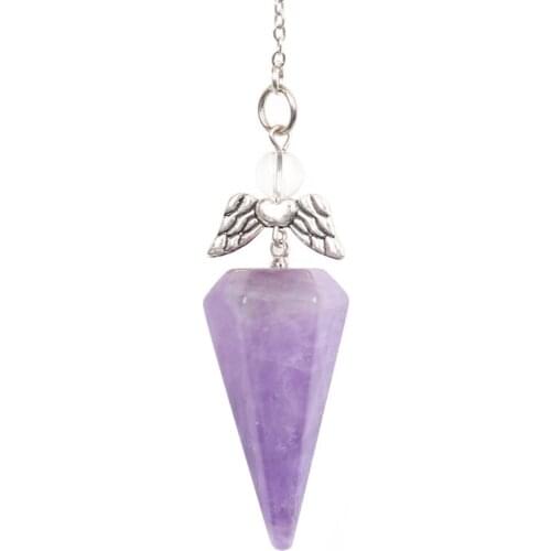 FYSL Silver Plated Hexagon Pyramid Amethysts Stone Pendant with Angel Wing Opalite Opal Pendulum Jewelry
