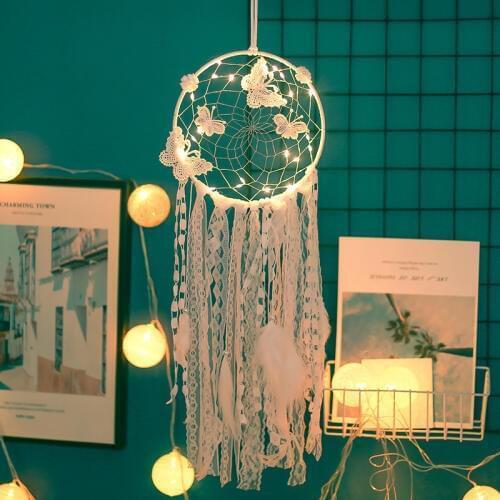 Dream Catcher National Feather Ornaments Lace Ribbons Feathers Wrapped Lights Dreamcatcher Hanging Decorations Wind Chimes new