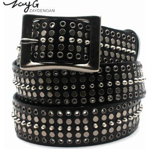 ZAYG Punk Leather Man and Woman Belts Metal Rivets White Black Genuine Leather Belts Fashion Luxury Pin Buckle Leather Straps
