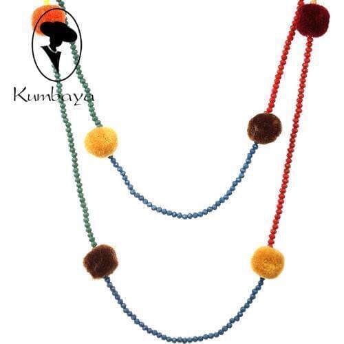 Newest 4 Colors Fashion Woman Necklace Cute Hair Ball And Beads long necklace Christmas gift for girls Pom poms Maker N15652