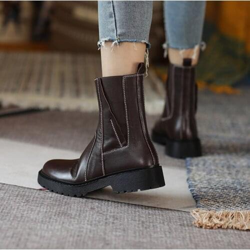 Autumn Women Shoes Retro Round Toe Platform Boots Genuine Leather Ankle Boots Grown Boots Girls Boots womens platform heels