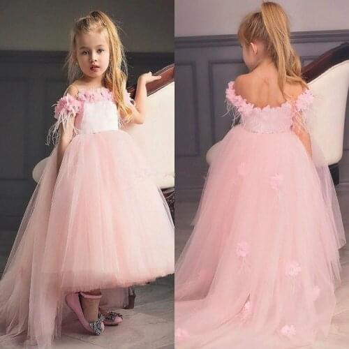 Pink Little Flower Girls Dresses Lace 3D Hand Made Flowers Sleeveless Chapel Train with Big Bowk Peagent Dresses