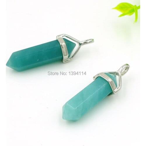 Natural Amazonite Points Pendants Hexagon Pillar Glued Copper Cap Of Plating Platina And Gold Approx 40*10 mm