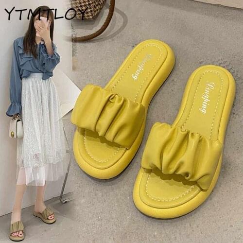 Summer Ladies Sandals Brand Simple Pleated Slippers Casual Beach Square Open-toed Shoes Sexy Disinger Soft-soled Outdoor Slipper