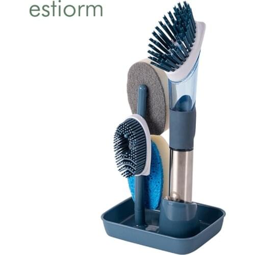 4pcs/set Soap Dispensing Dish Brush,Kitchen Brush With Holder For Pot Pan Sink Cleaning - Long Handle Sponge Dish Washing Brush