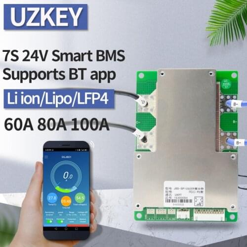 Smart bluetooth 7s bms with balance 60a 80a 100a common port 24v lipo 22v lifepo4 Lithium Battery Protection Board pcm