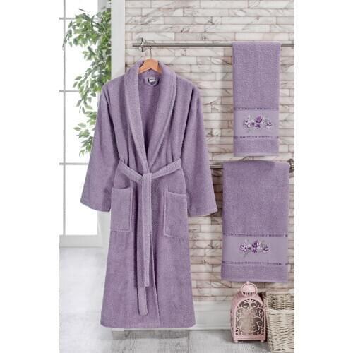 YENİ Fedora 6 Parça Aile Bornoz Seti Antrasit Lila -GRİ