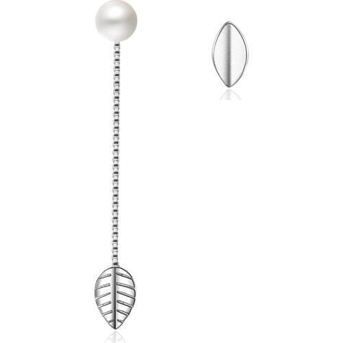 Elegant Asymmetric Leaves Plastic Pearl 925 Sterling Silver Lady Long Tassel Stud Earrings Original Jewelry For Women Gift Cheap