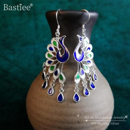 999 Sterling Silver Earrings Tassel Peacock Drop Earrings For Women Ear Rings Blue Cloisonne Enamel Jewelry Boho Handmade Luxury