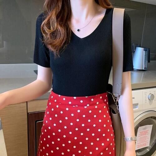 Women Spring Summer Style Knitted Sweater Pullovers Lady Casual V-Neck Short Sleeve Pullovers Tops ZZ0031