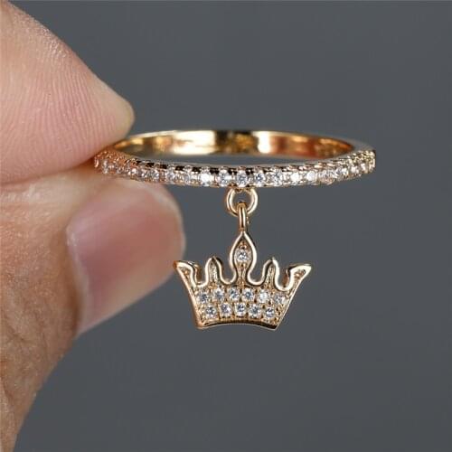 Female Luxury Crown Pendant Ring White Crystal Small Stone Engagement Ring Boho Gold Silver Color Bridal Wedding Rings For Women