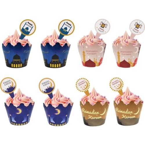 24/48pcs Eid Mubarak Cupcake Topper Wrappers Muslim Islam Ramadan Mubarak Decor EID Party Cake Border Mubarak Party Supplies