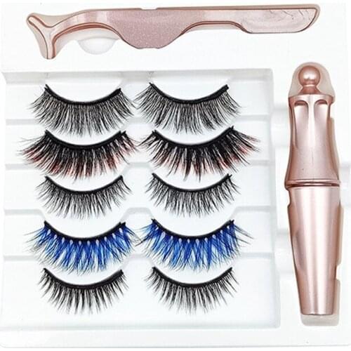 5 Pairs of Mixed Style Color Magnetic False Eyelashes Waterproof Eyeliner Tweezers Set Thick Magnetic False Eyelashes