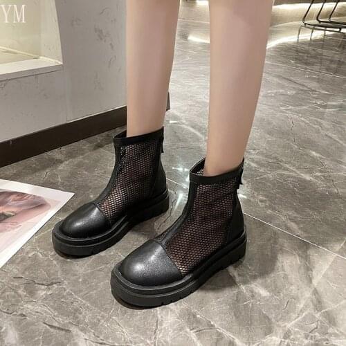 Spring Autumn Super Hot Transparent Mesh Summer Net Boots Cross Zipper Breathable Female Ankle Boots Round Toe Botas De Mujer