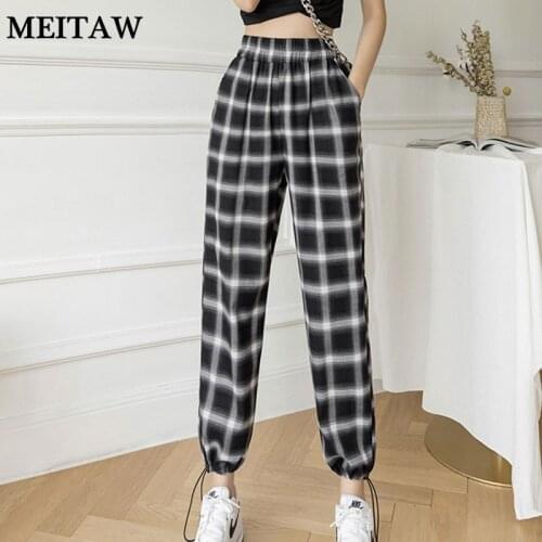 2021 Spring Summer Plaid Pants Ladies Korean Style High Waist Checkered Pants Women Loose Harajuku Casual Trousers