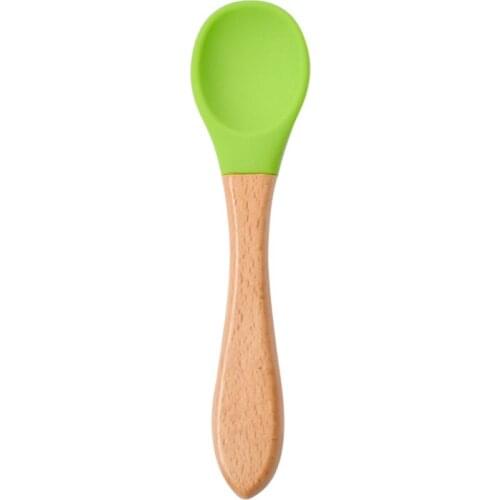 Baby Soft Silicone Spoon Candy Color Safety Baby Learning Wood Spoon Non-Slip Spoon Children Kids Boy Girl Food Feeding Tools