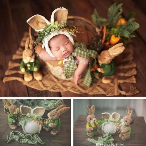 Newborn Photography Accessories Country Style Christmas New Year Forest Straw Bunny Hat Set Fotografie Baby Photo Props Girl Boy