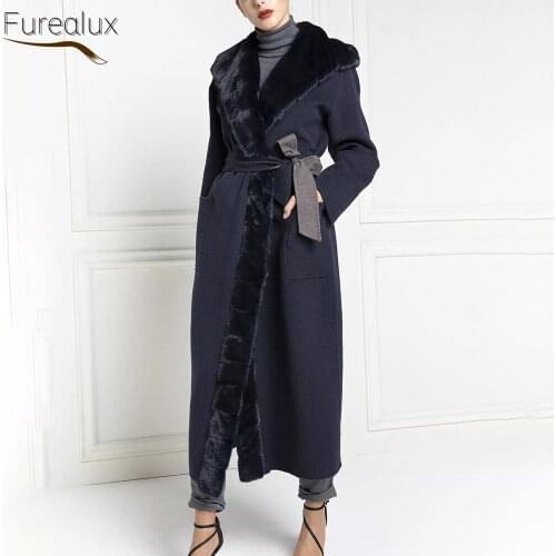 FUREALUX Fashion Real Woolen Coat High-end Autumn Winter Womens Fashion Warmth Lace-up Clothing With Natural Mink Fur Collar
