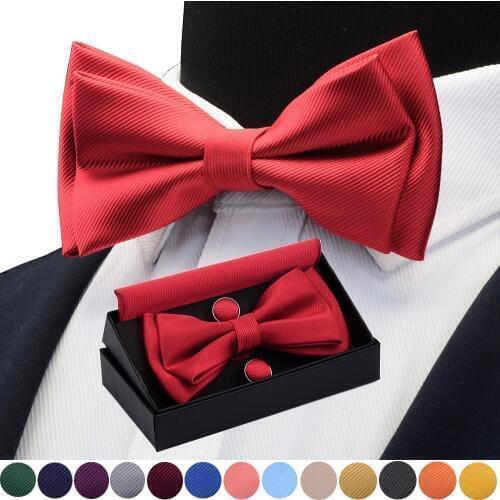 GUSLESON Quality Bowties For Wedding Mens Solid Color Two Layer Pre-tied Bow Tie and Pocket Square Cufflinks Set with Gift Box