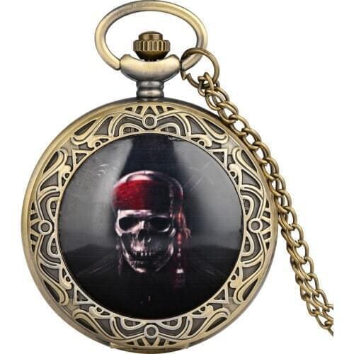 Pirates of the Caribbean Bronze Skull Pocket Watch High Quality Fob Watch With Chain Necklace Creative Quartz Pocket Watch Retro
