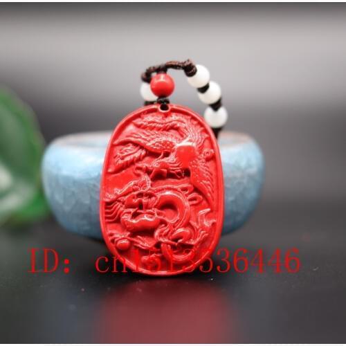 Chinese Natural Red Organic Cinnabar Dragon Phoenix Necklace Pendant Charm Jewellery Fashion Man Lucky Amulet Gifts