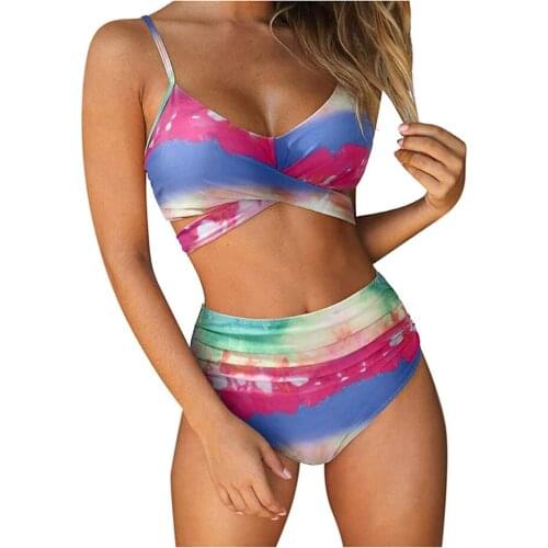 Bikinis Set Women Two-piece Swimming Clothes Set U-shaped Collar Sleeveless Tops and High Waist Shorts S/ M/ L/ XL