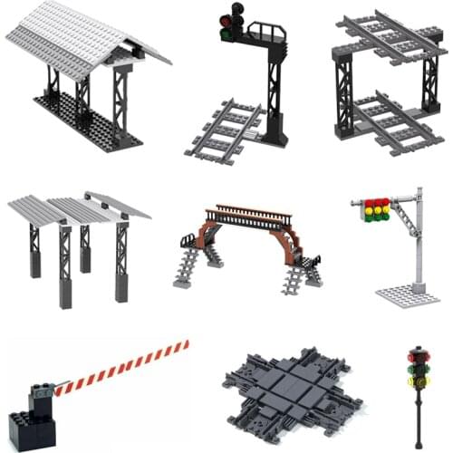 DIY Mini Street Lamp Model Building Blocks Train Cross Track Bridge Dedicated Bus Shop Bricks Toys for Children Xmas Gifts