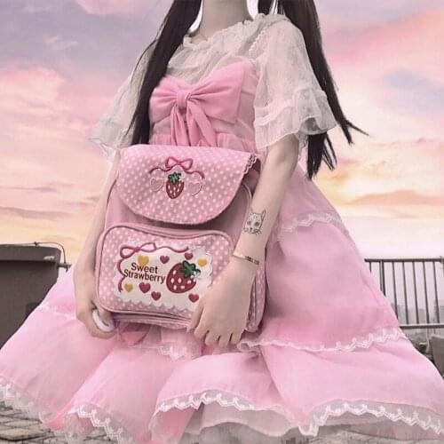 Lace Cute Printing Kawaii Girl Backpack Loli Cosplay Gothic Lolita Bag Pink Japanese Student Sweet Lolita Bag Kawaii School Bag