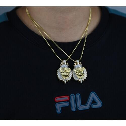 Iced out Hip Hop Lion Head Charm Pendant With Bead Chain Plated Gold Color Heavy Animals Women Lady Boy Rock Jewelry Wholesale