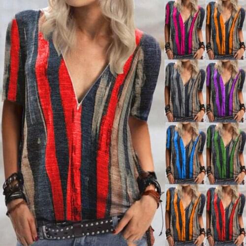 Summer Oversize Striped Print Loose Women T Shirt Short Sleeve Casual Zipper Tops Tee S-5XL Plus Size Tie Dye Pullover Tshirt