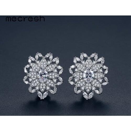 Mecresh European Flower AAA+ CZ Big Earrings for Women White Gold Color Bride Earrings Wedding Party Jewelry Christmas MEH1218