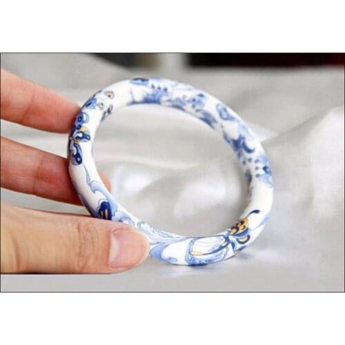 Natural Hand Carved Round Blue and White Porcelain Bracelet Fashion Boutique Jewelry Mens and Womens Bracelets 58-62mm