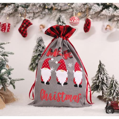 Newest 3 Colors Christmas Candy Bag Santa Clause Print Gift Bag Storage Package with Drawstring for Candy Snacks Gray/Beige/Red
