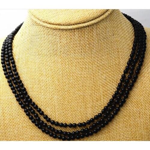 NEW Fashion jewelry 3 rows 6 mm natural black bead necklace 17-19 "AAA