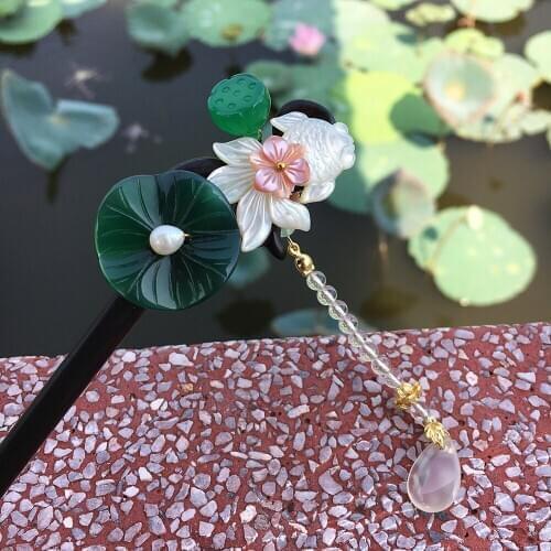 Shell Fish Lotus Leaf Ebony Hair Stick Handmade Natural Stone Wooden Hair Pin Vintage Chinese Hair Fork Women Jewelry WIGO1189