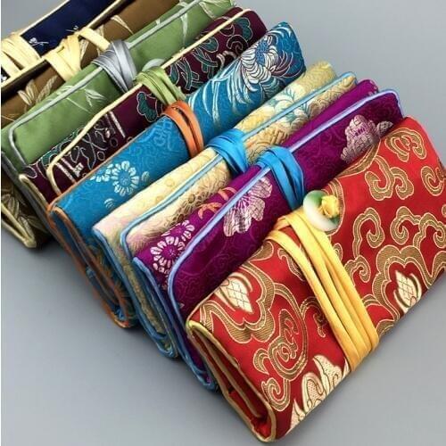 Jade Button Fold Travel Jewelry Set Roll Storage Bag 3 Zipper Pocket Silk Brocade Packaging Cosmetic Pouch Customize 50pcs/lot