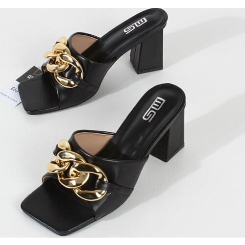 Summer womens sandals 2021 new high-heeled sandals chain metal decoration Square heel fashion comfortable womens shoes 7cm