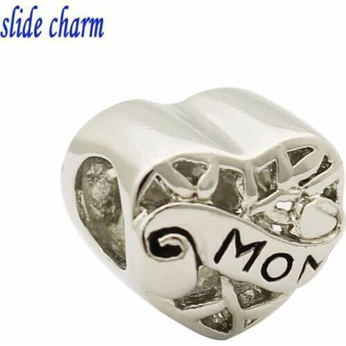 Slide charm Free shipping Mothers Day luxury brand "double family Mom" beads fit Pandora bracelet Christmas Valentines Day