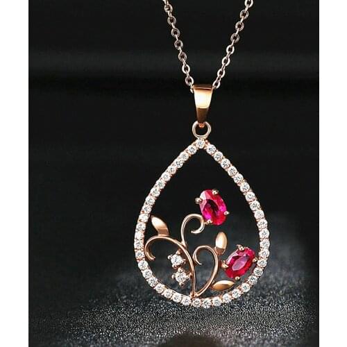 Vintage carving water drop ruby gemstones diamonds pendant necklaces for women red crystal rose gold tone choker jewelry gifts
