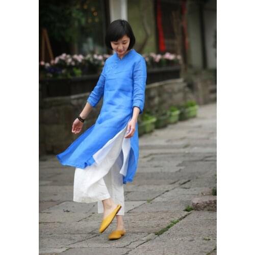 Y785 A Summer Dress Improvement Cheongsam Jade Buckle Self-cultivation Thin Ramie V Lead Double-deck H190416